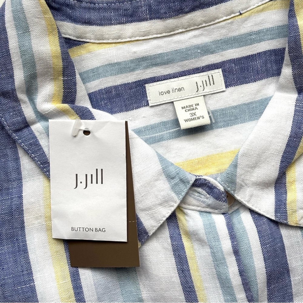 J Jill Love Linen Blue White Yellow Stripe 100% Linen Button Down Long Sleeve 3X - Picture 6 of 10